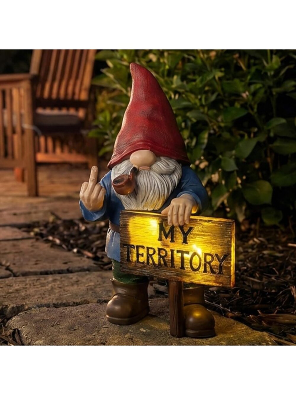 Humorous Middle Finger Garden Gnome Statue with Solar Light - "My Territory